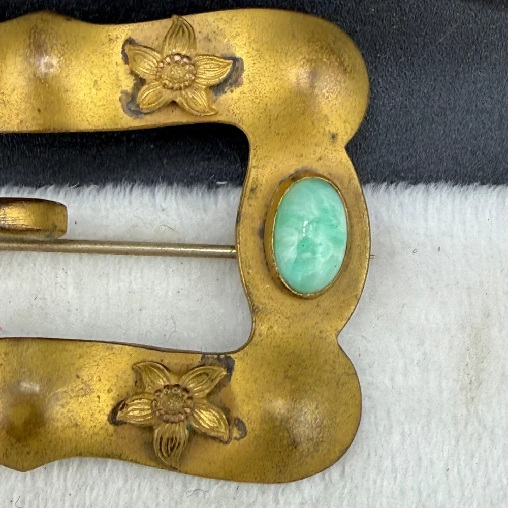 Vintage Sash Brooch Gold Tone Art Deco Green